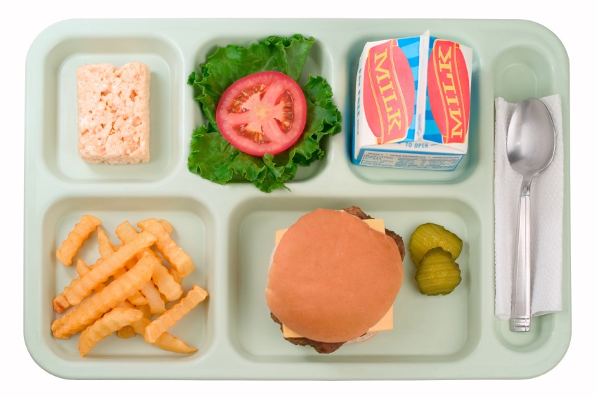 School lunch tray with assortment of lunch items on it