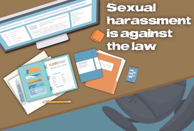 image of desk, computer, chair, "sexual harassment is against the law"