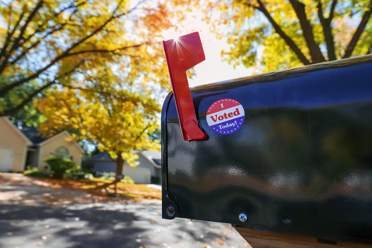 Mailbox with an "I voted" sticker