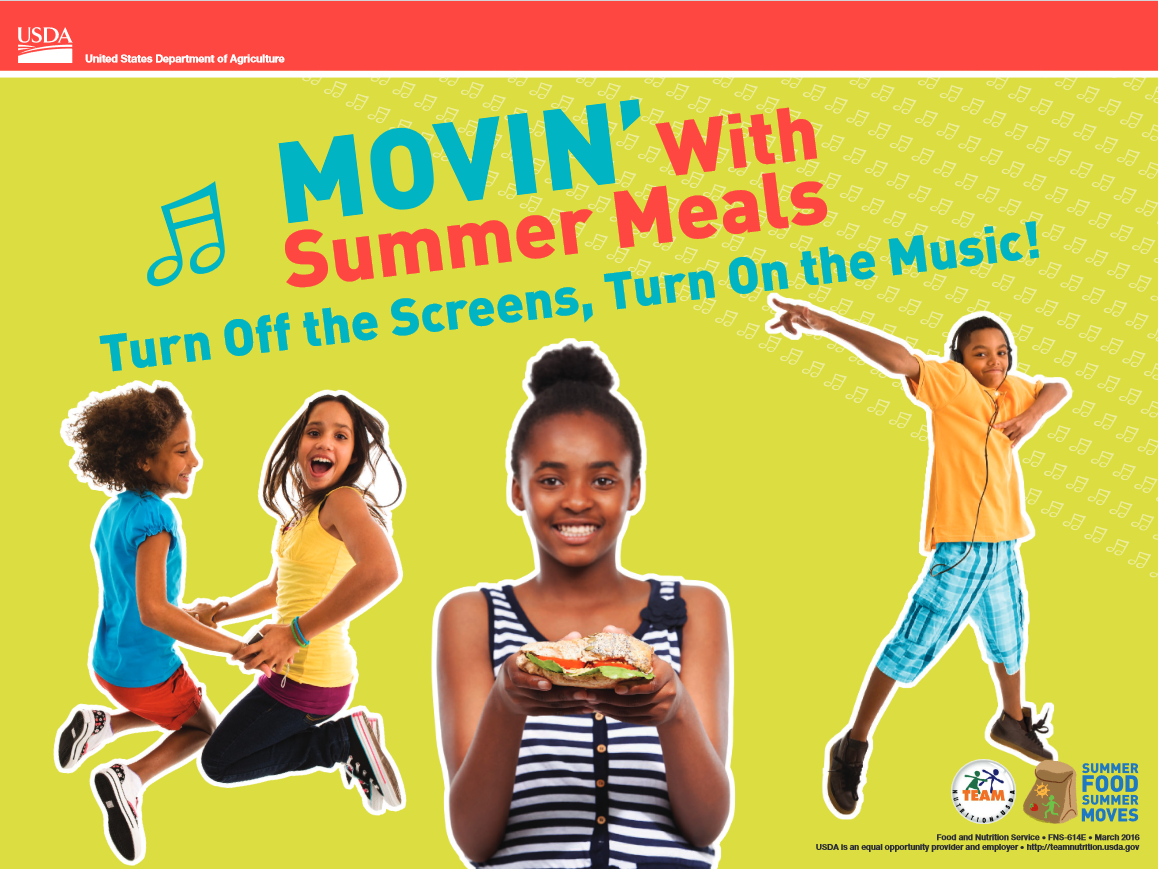 Movin' With Summer Meals poster shows kids jumping, posing, and holding a sandwich